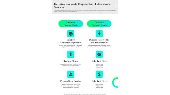 Defining Our Goals Proposal For IT Assistance Services One Pager Sample Example Document