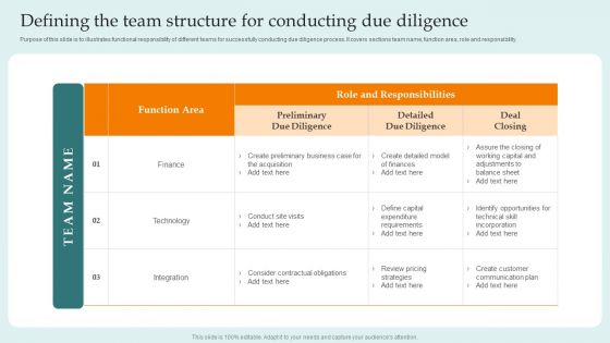 Defining The Team Structure For Conducting Due Diligence Guide For Successful Merger Designs PDF