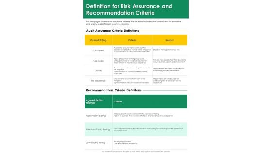 Definition For Risk Assurance And Recommendation Criteria One Pager Documents