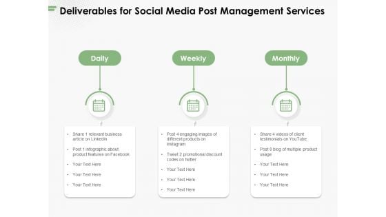 Deliverables For Social Media Post Management Services Ppt PowerPoint Presentation Portfolio Layouts PDF