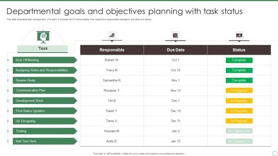 Departmental Goals And Objectives Planning With Task Status Ppt Summary Topics PDF