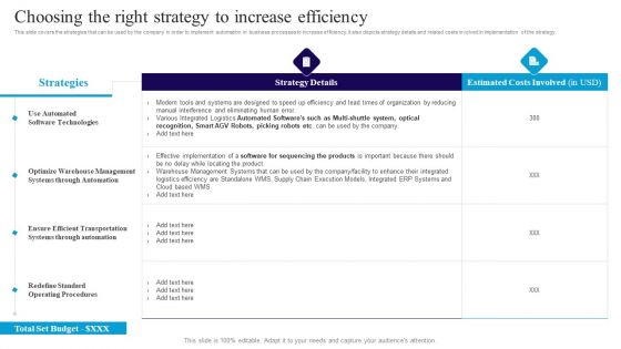 Deploying Automation In Logistics To Improve Choosing The Right Strategy To Increase Efficiency Themes PDF