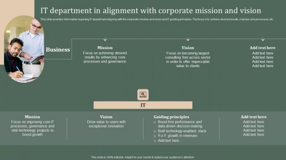 Deploying Corporate Aligned IT Strategy IT Department In Alignment With Corporate Mission And Vision Icons PDF