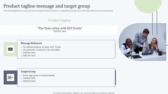 Deploying Revitalization Strategy Enhance Product And Service Sales Product Tagline Message And Target Group Diagrams PDF