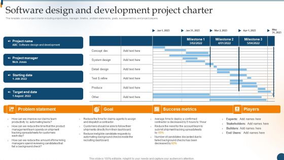 Design Software Playbook Engineers Software Design And Development Project Charter Slides PDF
