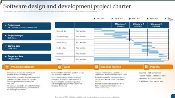 Design Software Playbook Engineers Software Design And Development Project Charter Slides PDF