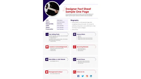 Designer Fact Sheet Sample One Page PDF Document PPT Template Designer Fact Sheet Sample One Page PDF Document PPT Template