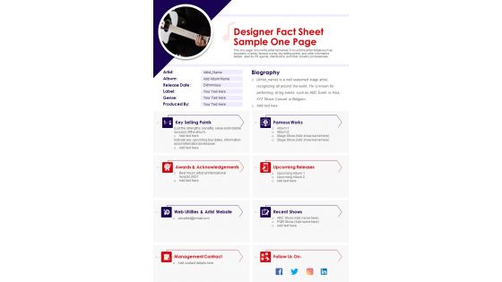 Designer Fact Sheet Sample One Page PDF Document PPT Template