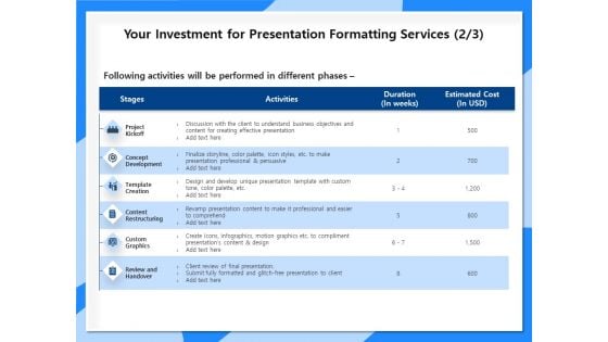 Designing And Editing Solutions Your Investment For Presentation Formatting Services Development Diagrams PDF