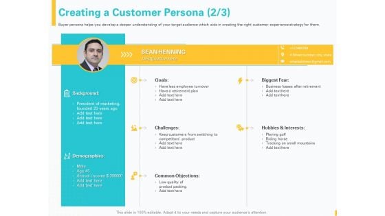 Designing Great Client Experience Action Plan Creating A Customer Persona Demographics Ppt Pictures Example PDF