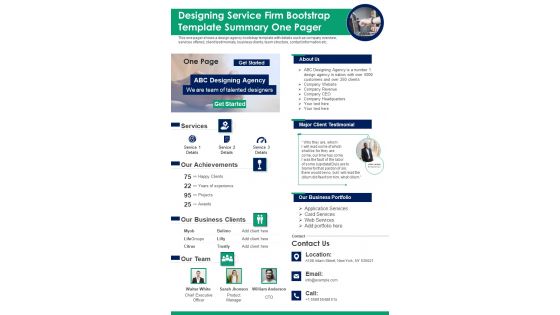 Designing Service Firm Bootstrap Template Summary One Pager PDF Document PPT Template Designing Service Firm Bootstrap Template Summary One Pager PDF Document PPT Template