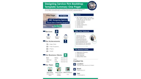 Designing Service Firm Bootstrap Template Summary One Pager PDF Document PPT Template