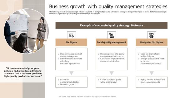 Designing Strategies For Company Growth And Success Business Growth With Quality Management Strategies Icons PDF