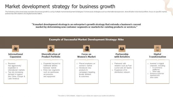 Designing Strategies For Company Growth And Success Market Development Strategy For Business Growth Brochure PDF