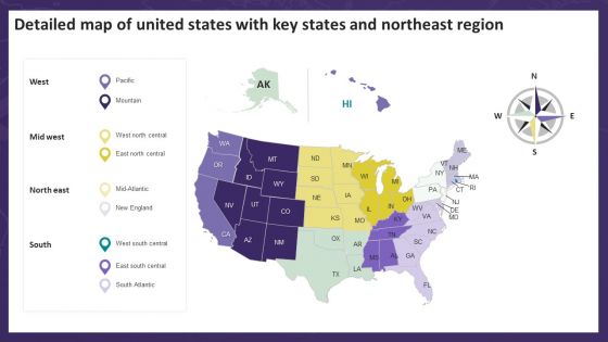 Detailed Map Of United States With Key States And Northeast Region Template PDF