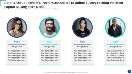 Details About Board Of Directors Associated To Online Luxury Fashion Platform Capital Raising Pitch Deck Background PDF Details About Board Of Directors Associated To Online Luxury Fashion Platform Capital Raising Pitch Deck Background PDF