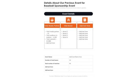 Details About Our Previous Event For Baseball Sponsorship Event One Pager Sample Example Document Details About Our Previous Event For Baseball Sponsorship Event One Pager Sample Example Document
