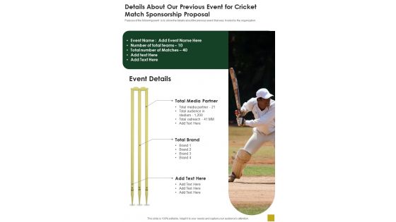 Details About Our Previous Event For Cricket Match Sponsorship One Pager Sample Example Document Details About Our Previous Event For Cricket Match Sponsorship One Pager Sample Example Document