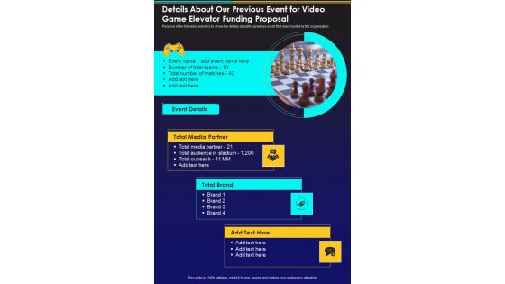 Details About Our Previous Event For Video Game Elevator Funding Proposal One Pager Sample Example Document Details About Our Previous Event For Video Game Elevator Funding Proposal One Pager Sample Example Document