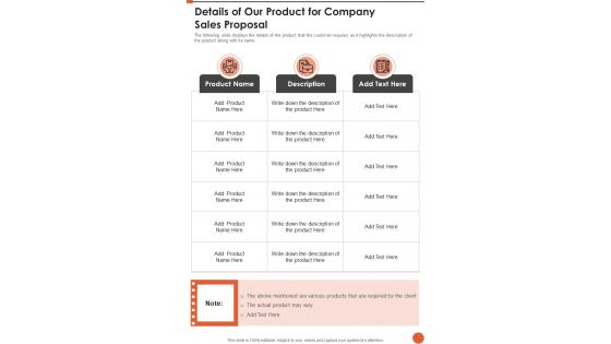 Details Of Our Product For Company Sales Proposal One Pager Sample Example Document Details Of Our Product For Company Sales Proposal One Pager Sample Example Document