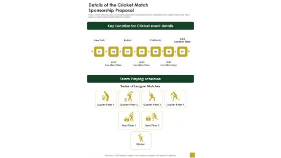Details Of The Cricket Match Sponsorship Proposal One Pager Sample Example Document Details Of The Cricket Match Sponsorship Proposal One Pager Sample Example Document