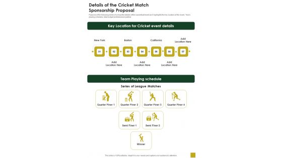 Details Of The Cricket Match Sponsorship Proposal One Pager Sample Example Document