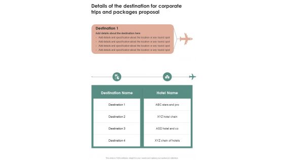 Details Of The Destination For Corporate Trips And Packages Proposal One Pager Sample Example Document