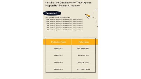 Details Of The Destination For Travel Agency Proposal For Business Association One Pager Sample Example Document Details Of The Destination For Travel Agency Proposal For Business Association One Pager Sample Example Document