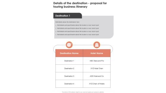 Details Of The Destination Proposal For Touring Business Itinerary One Pager Sample Example Document Details Of The Destination Proposal For Touring Business Itinerary One Pager Sample Example Document