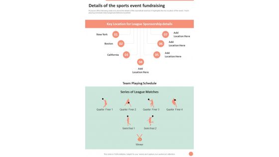 Details Of The Sports Event Fundraising One Pager Sample Example Document