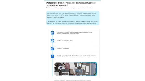 Determine Basic Transactions During Business Acquisition Proposal One Pager Sample Example Document