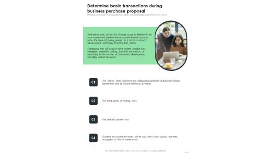 Determine Basic Transactions During Business Purchase Proposal One Pager Sample Example Document Determine Basic Transactions During Business Purchase Proposal One Pager Sample Example Document