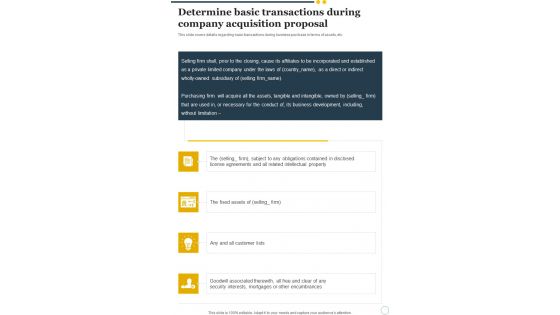 Determine Basic Transactions During Company Acquisition Proposal One Pager Sample Example Document