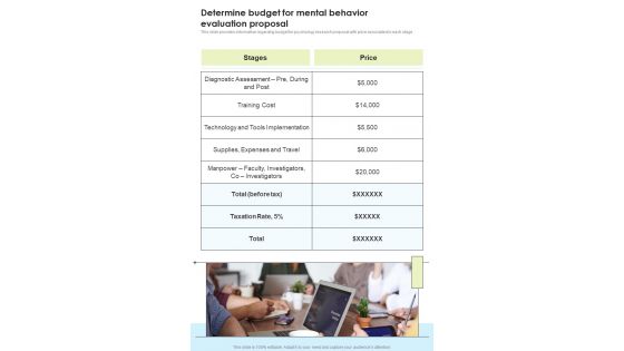 Determine Budget For Mental Behavior Evaluation Proposal One Pager Sample Example Document Determine Budget For Mental Behavior Evaluation Proposal One Pager Sample Example Document