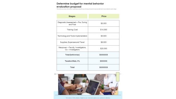 Determine Budget For Mental Behavior Evaluation Proposal One Pager Sample Example Document