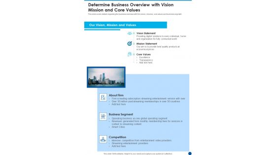 Determine Business Overview With Vision Mission And Core Values Template 156 One Pager Documents