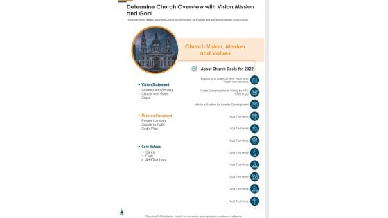 Determine Church Overview With Vision Mission And Goal One Pager Documents