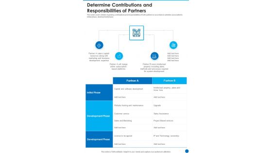Determine Contributions And Responsibilities Of Partners One Pager Sample Example Document