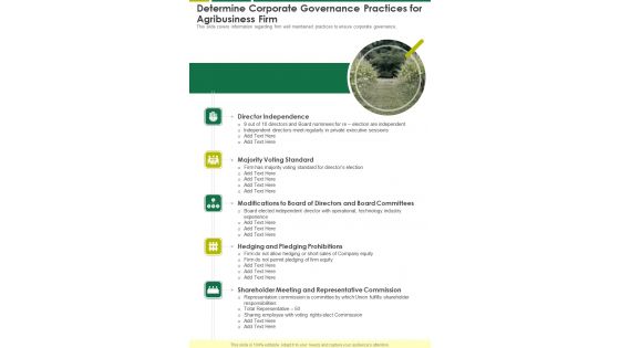 Determine Corporate Governance Practices For Agribusiness Firm One Pager Documents