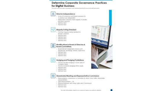 Determine Corporate Governance Practices For Digital Business One Pager Documents