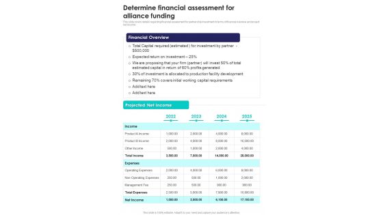 Determine Financial Assessment For Alliance Funding One Pager Sample Example Document