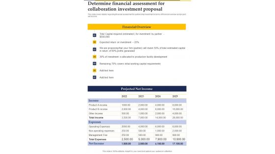 Determine Financial Assessment For Collaboration Investment One Pager Sample Example Document Determine Financial Assessment For Collaboration Investment One Pager Sample Example Document
