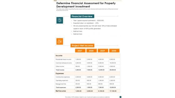 Determine Financial Assessment For Property Development Investment One Pager Sample Example Document Determine Financial Assessment For Property Development Investment One Pager Sample Example Document