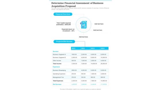 Determine Financial Assessment Of Business Acquisition Proposal One Pager Sample Example Document