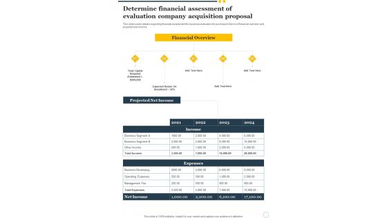 Determine Financial Assessment Of Evaluation Company Acquisition Proposal One Pager Sample Example Document