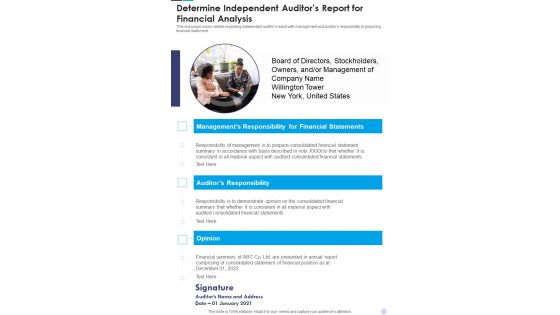 Determine Independent Auditors Report For Financial Analysis Template 194 One Pager Documents