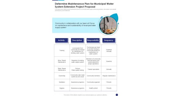 Determine Maintenance Plan For Municipal Water System Extension Project One Pager Sample Example Document