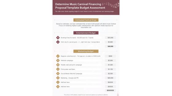 Determine Music Carnival Financing Template Budget Assessment One Pager Sample Example Document