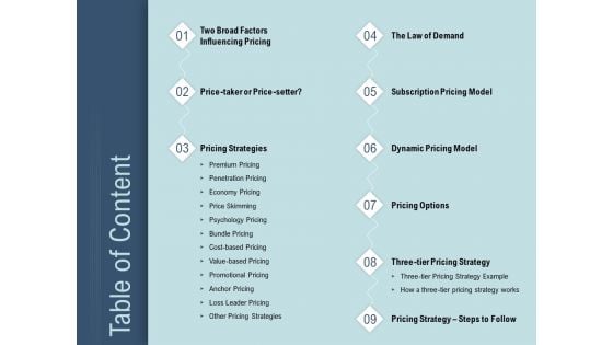 Determine Right Pricing Strategy New Product Table Of Content Ppt Outline Design Templates PDF