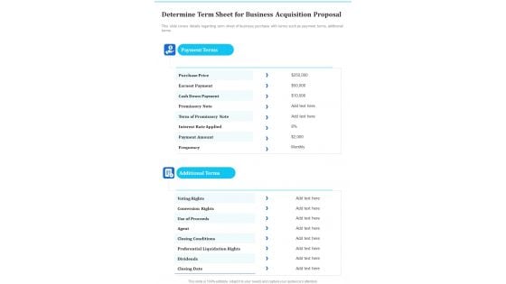 Determine Term Sheet For Business Acquisition Proposal One Pager Sample Example Document